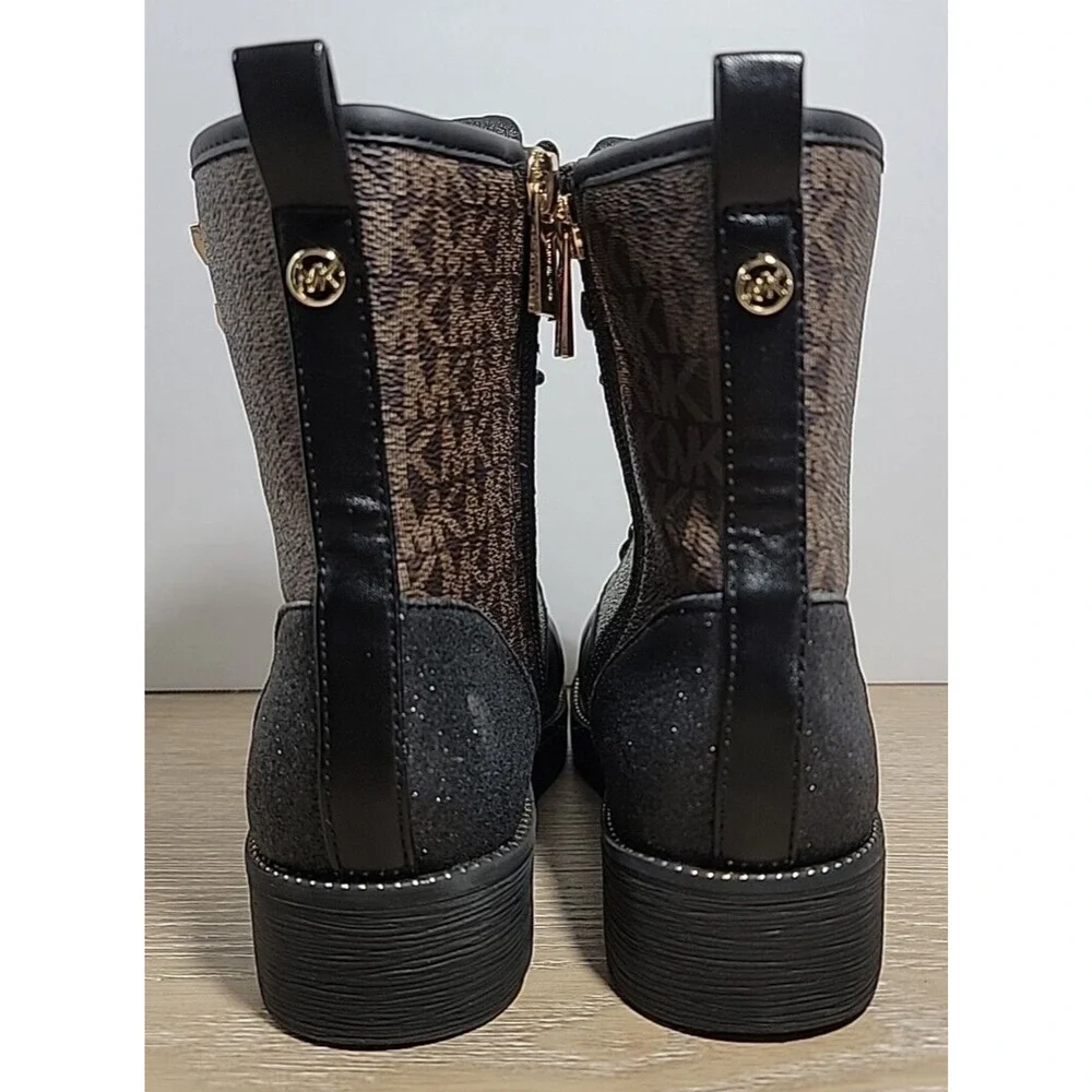Michael Kors Haskell Black & Brown Logo Combat Boots Y Sz‎ 2